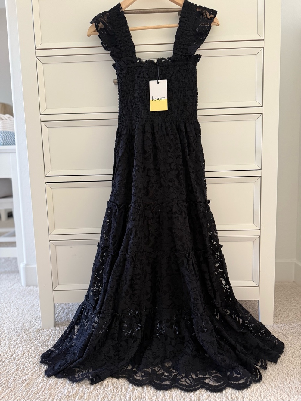 Black Lace Smocked Midi Dress | Puff Sleeve | Fully Lined | XS